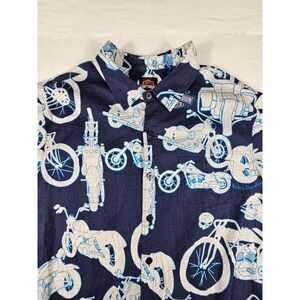 Harley-Davidson Mens Large Blue Linen Blend Motorcycle Print Button Up Shirt